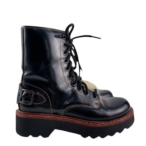 Coach Black Leather Shearling Lace Up Combat Boots Womens US 5B Buckle - Picture 3 of 10